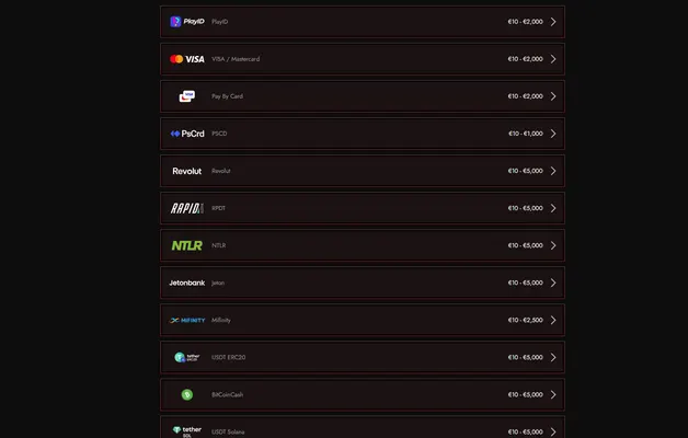 Legiano Casino Einzahlung und Zahlungsmethoden Screenshot